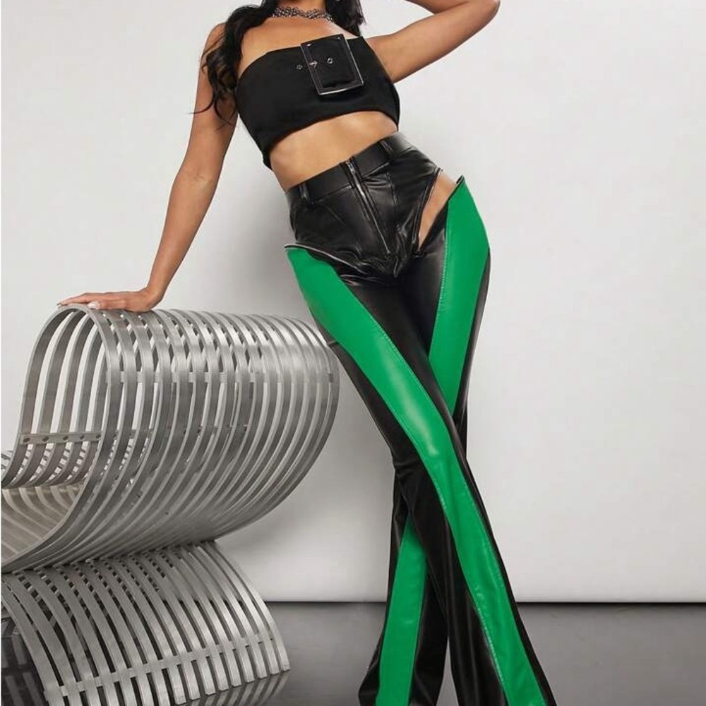 SHEIN Black and Green Straight Leg Pants moto cut out pants Size S